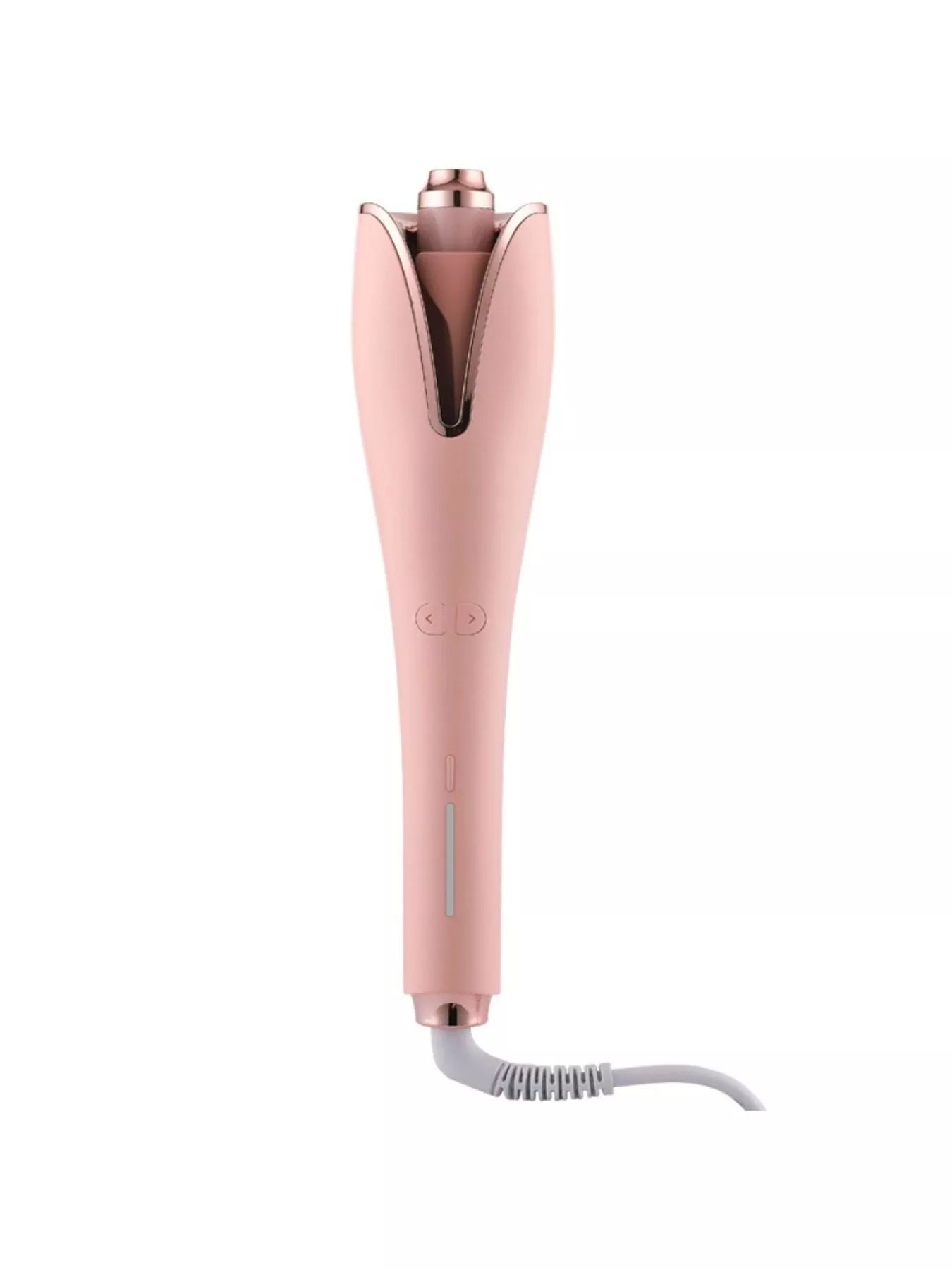 Trendsi automatic rotating hair curling iron in pale blush with European plug, showing its sleek design and rotating barrel for curls.