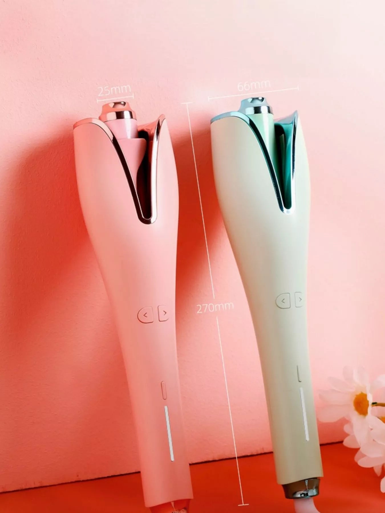 Automatic rotating hair curling iron by Trendsi, in pale blush with European plug, showcasing its sleek design and rotating barrel.