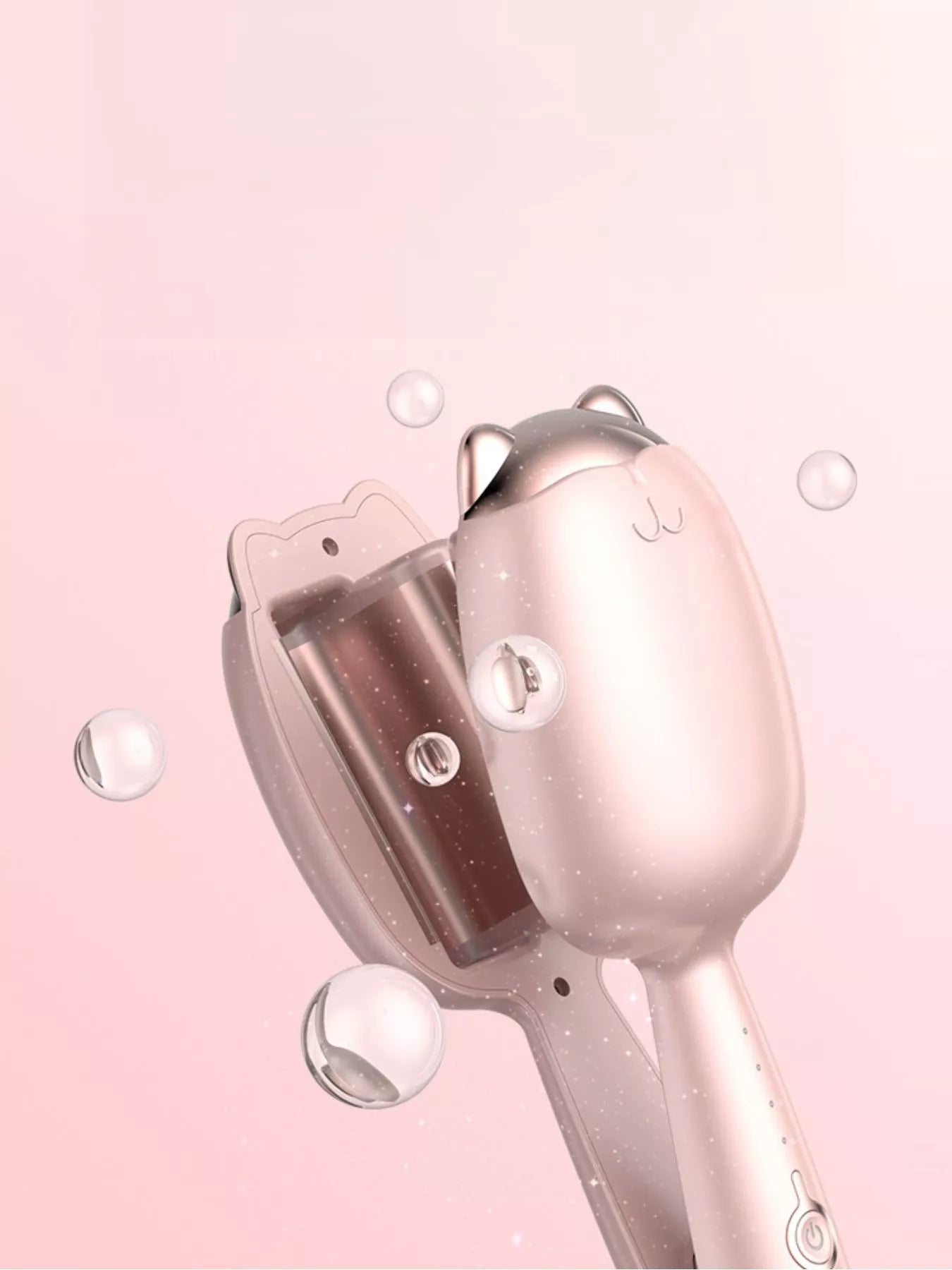 Cat-shaped heated curling iron by Trendsi with a pale blush finish and European plug, designed for curling and styling hair.
