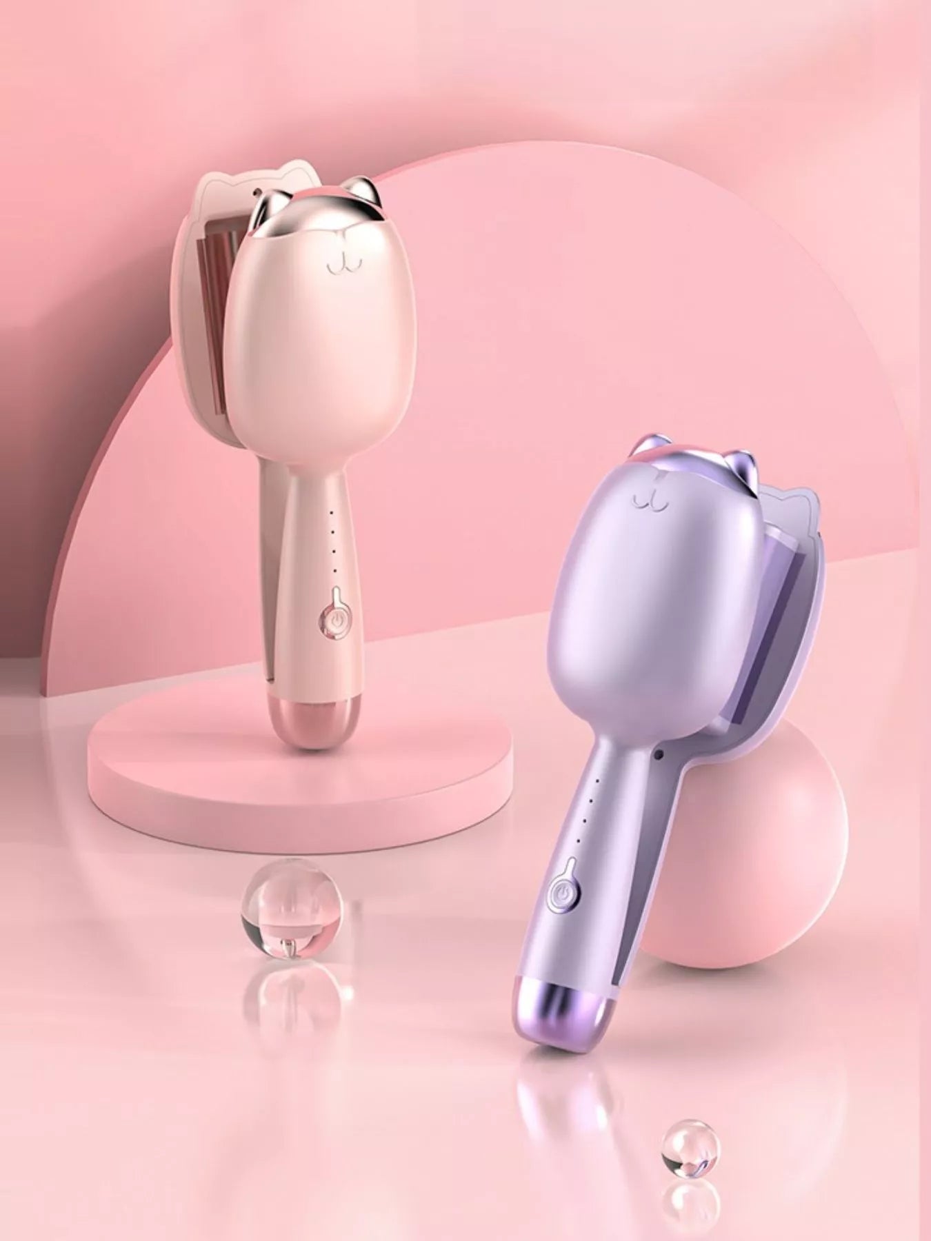 Cat-shaped heated curling iron by Trendsi with a pale blush finish and European plug, designed for gentle hair curling.