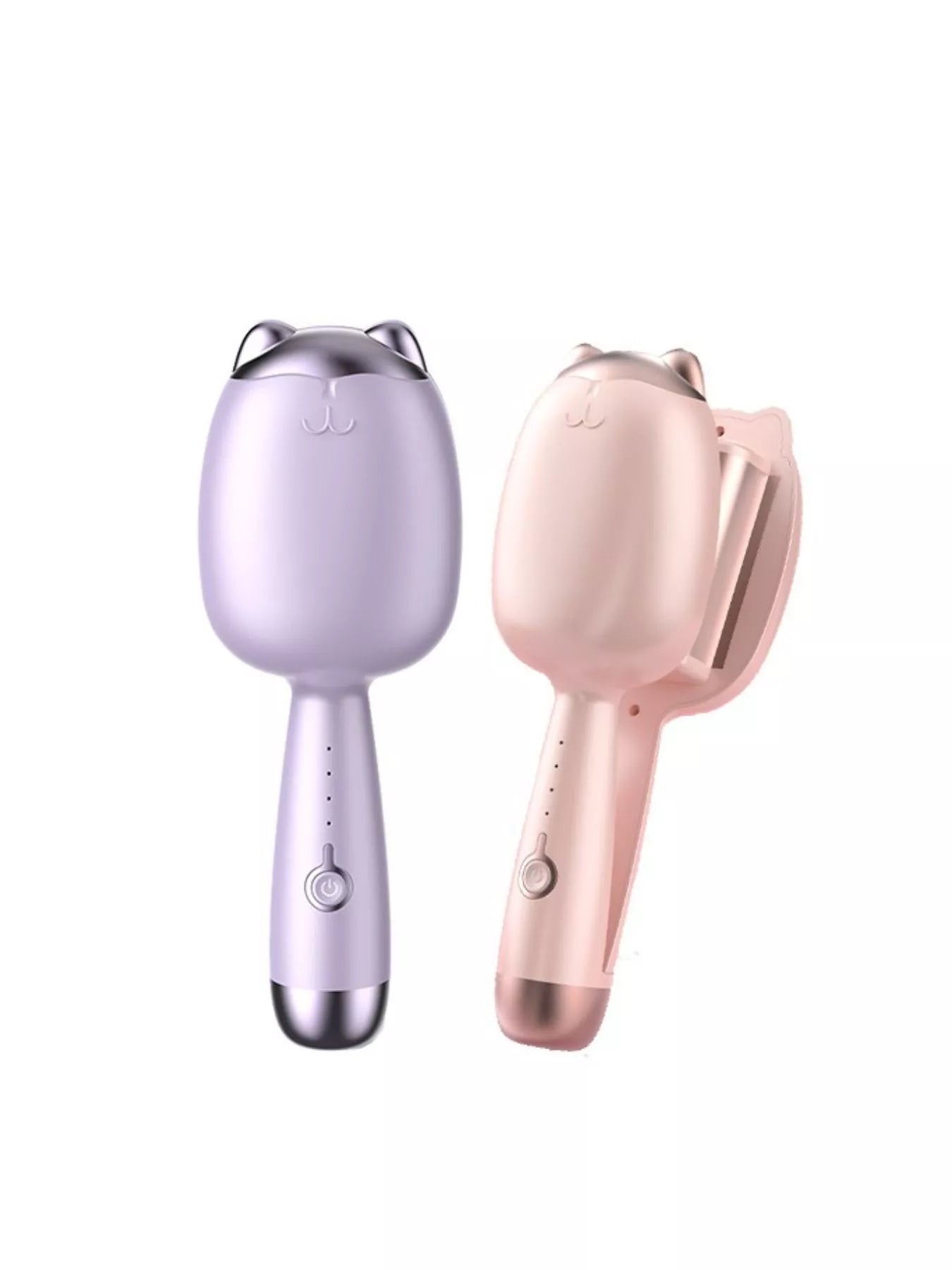 Cat-shaped heated curling iron in pale blush with European plug, designed for easy styling from Trendsi.