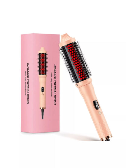 Trendsi fast heating hot air brush in pale blush with European plug, showing a close-up of the styling tool for hair drying and styling.