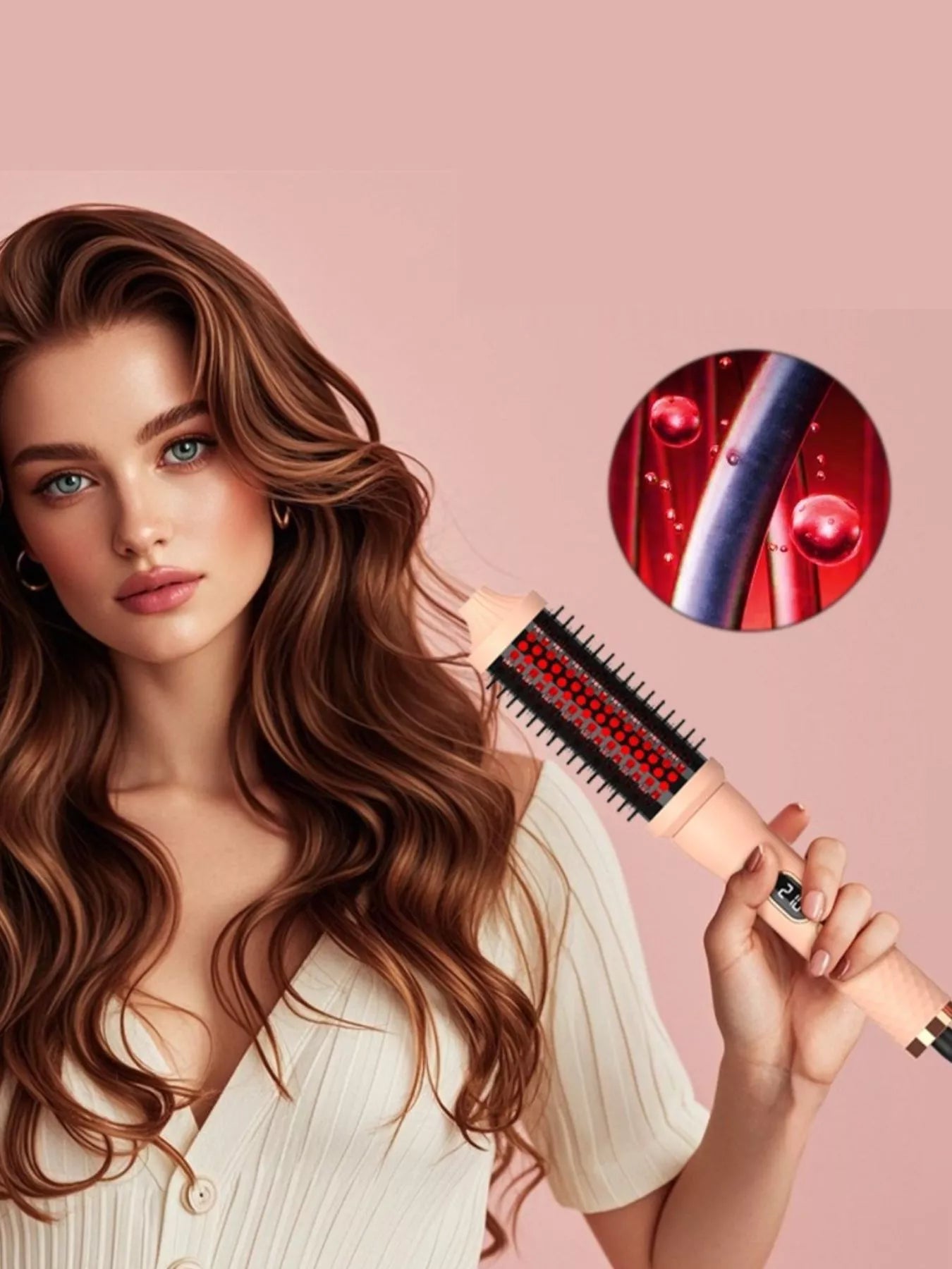 Trendsi fast heating hot air brush in pale blush with European plug, showing a close-up of the styling tool ready for use.