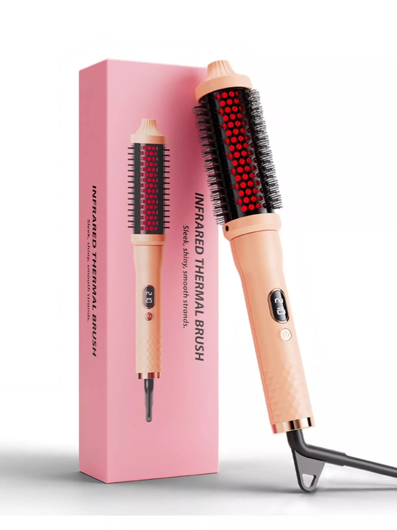 Trendsi fast heating hot air brush in pale blush with European plug, showing a close-up of the hair styling tool.