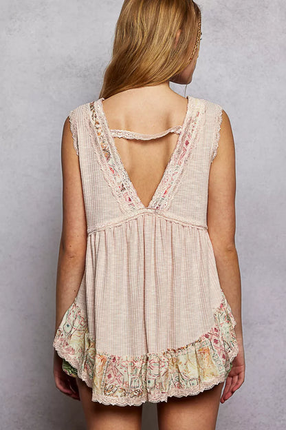 Pale pink POL lace detail ruffled ribbed sleeveless top with floral pattern trim, stylish and feminine by Trendsi.