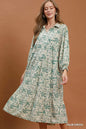 Palm green linen tiered midi dress by Umgee featuring botanical print and relaxed fit, perfect for casual summer wear.