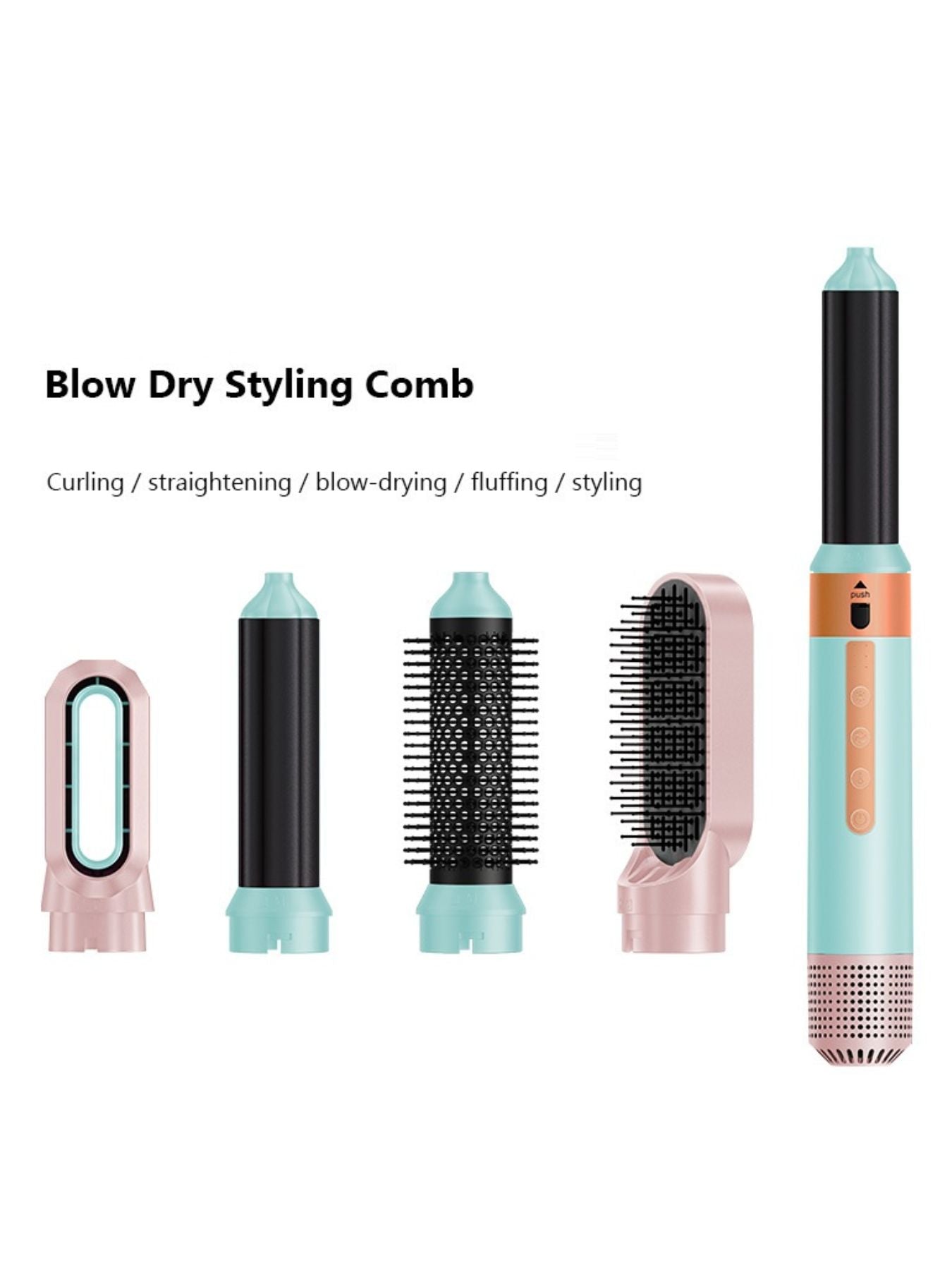 Pastel blue Trendsi 5-in-1 hot air brush with European plug, showing the versatile styling tool with multiple attachments.