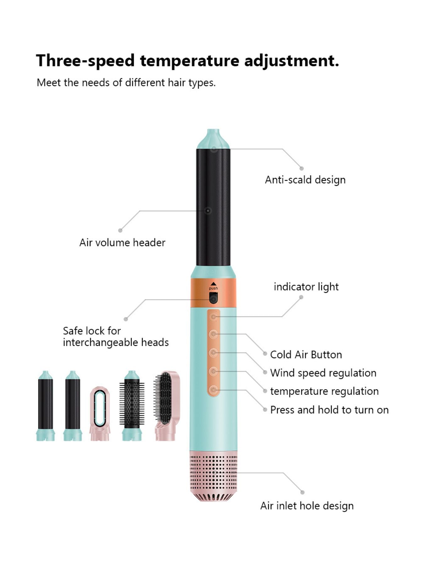 Pastel blue 5-in-1 Hot Air Brush by Trendsi with European plug, versatile styling tool for smooth, voluminous hair.