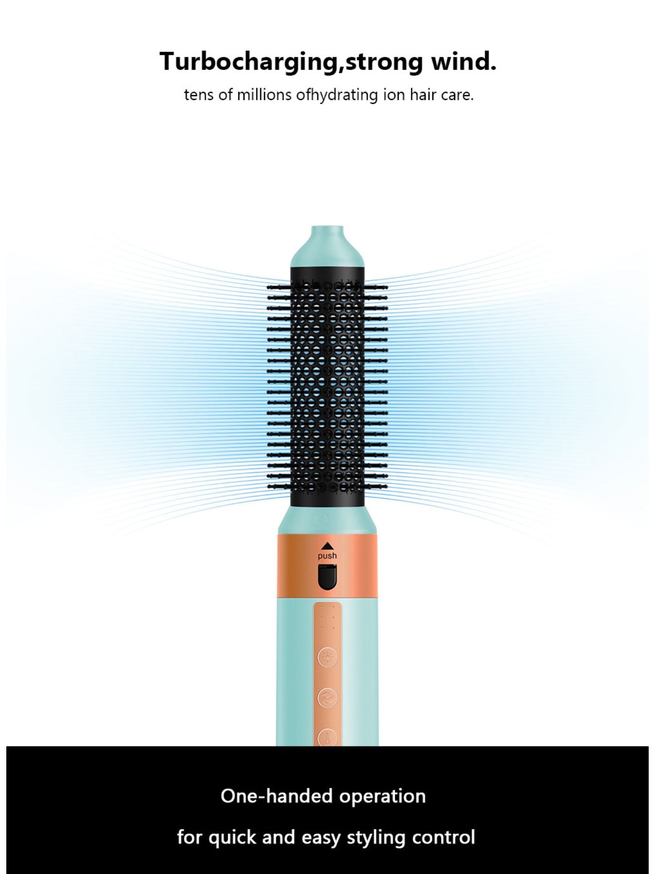 Pastel blue 5-in-1 hot air brush by Trendsi with European plug, showing different styling attachments for versatile hair styling.