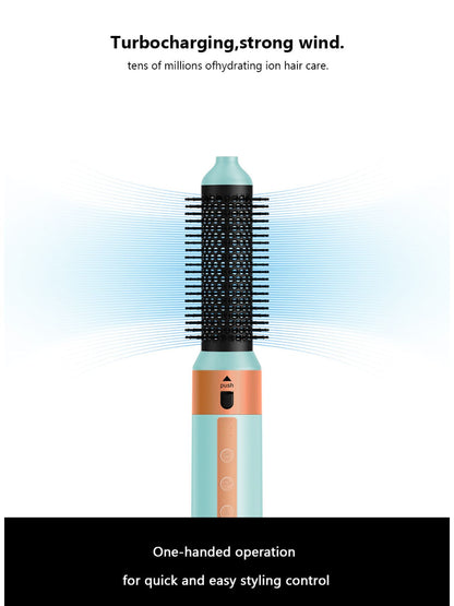Pastel blue 5-in-1 hot air brush by Trendsi with European plug, showing different styling attachments for versatile hair styling.