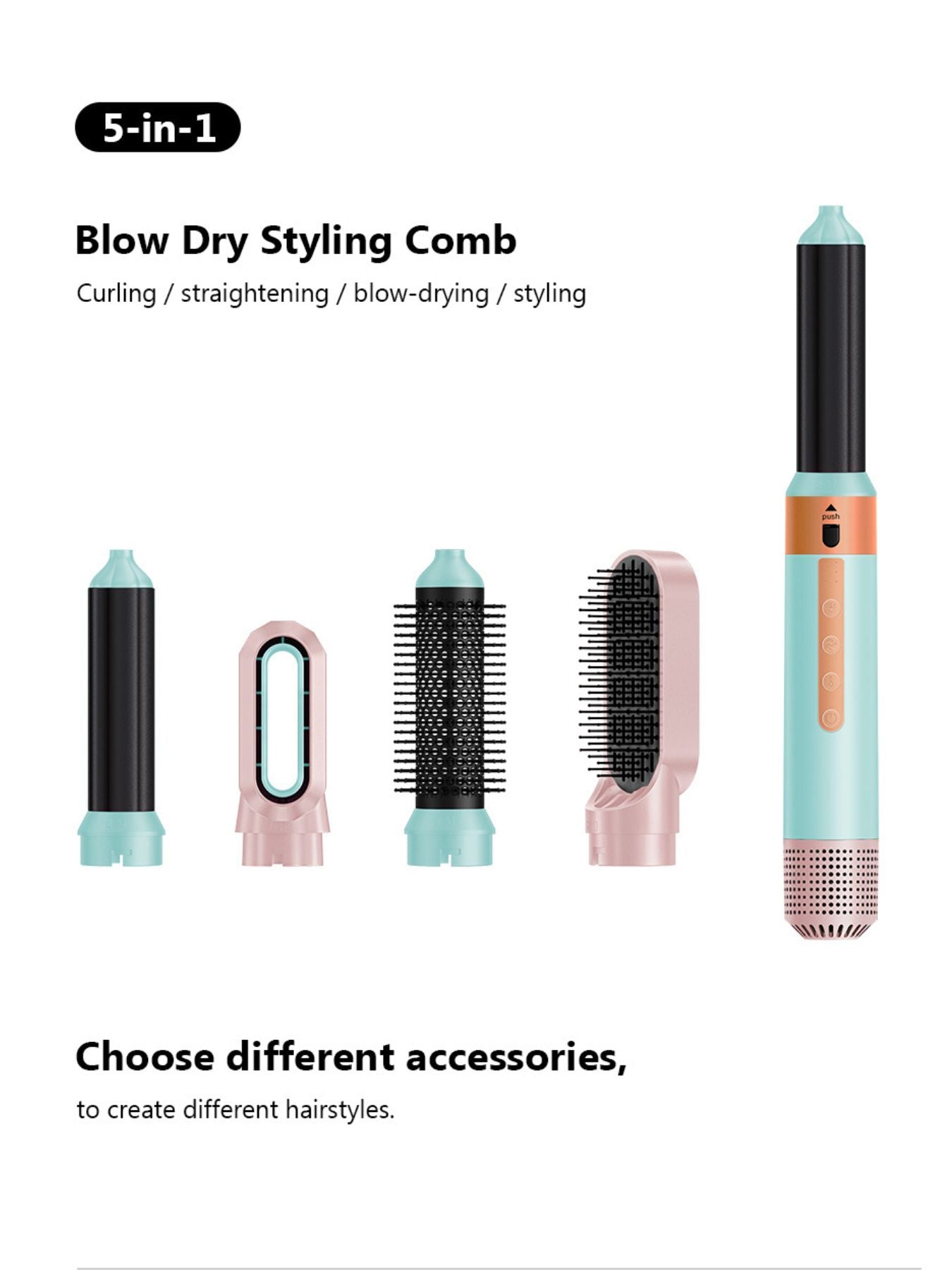 Pastel blue Trendsi 5-in-1 hot air brush with European plug, showing multiple attachments for versatile hairstyling.