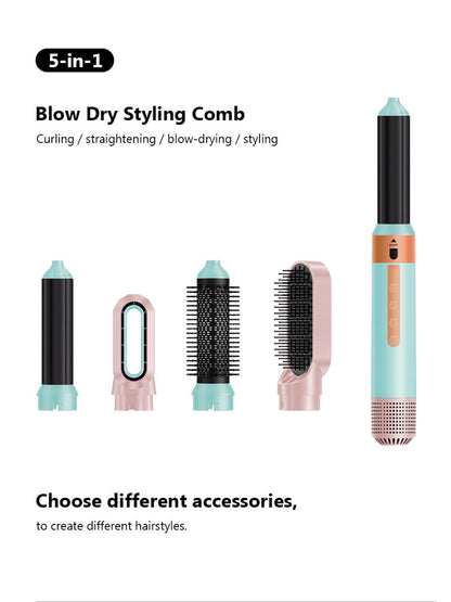 Pastel blue Trendsi 5-in-1 hot air brush with European plug, showing multiple attachments for versatile hairstyling.