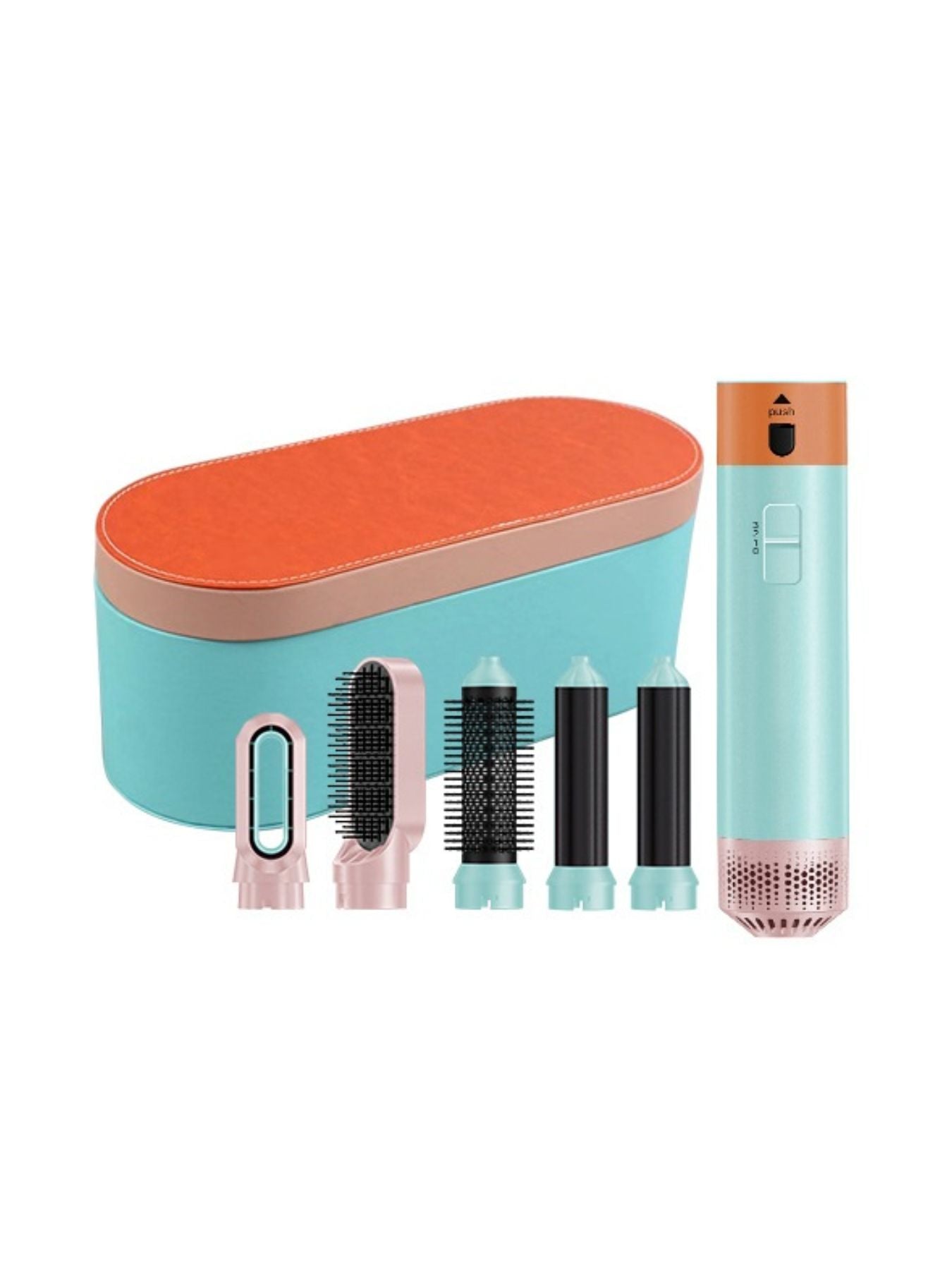 Pastel blue Trendsi 5-in-1 hot air brush with European plug, showcasing its versatile styling attachments for smooth, voluminous hair.