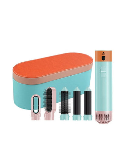 Pastel blue Trendsi 5-in-1 hot air brush with European plug, showcasing its versatile styling attachments for smooth, voluminous hair.