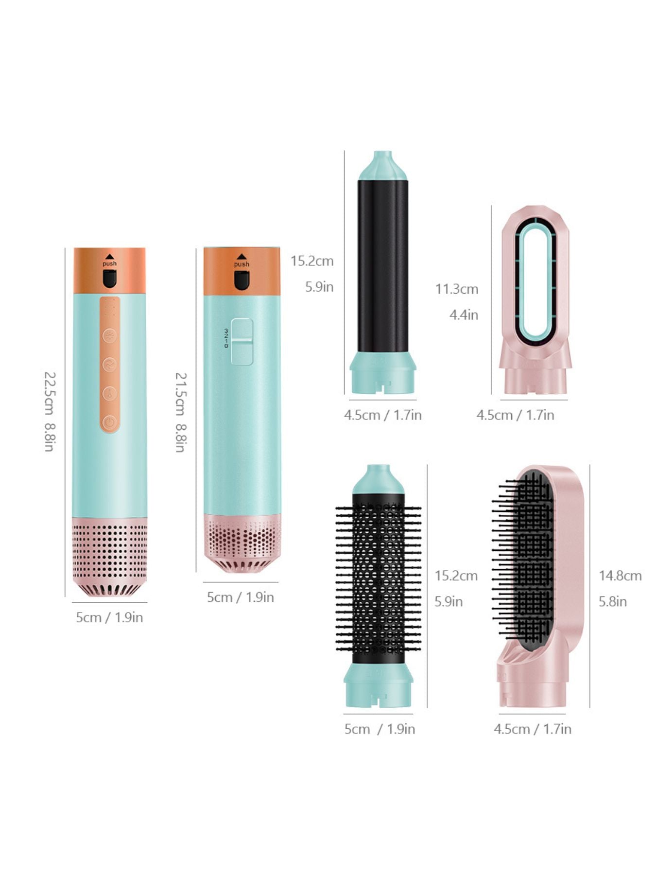 Pastel blue Trendsi 5-in-1 hot air brush with European plug, showing its versatile styling attachment and ergonomic handle.