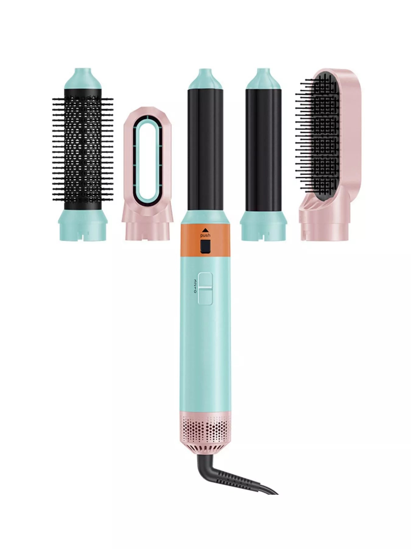 Pastel blue 5-in-1 interchangeable curling iron wand set by Trendsi with North American plug, showcasing multiple curling wand attachments