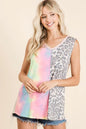Pastel tie-dye BiBi sleeveless print mix front top with contrast from Trendsi, featuring vibrant colors and a stylish sleeveless design.