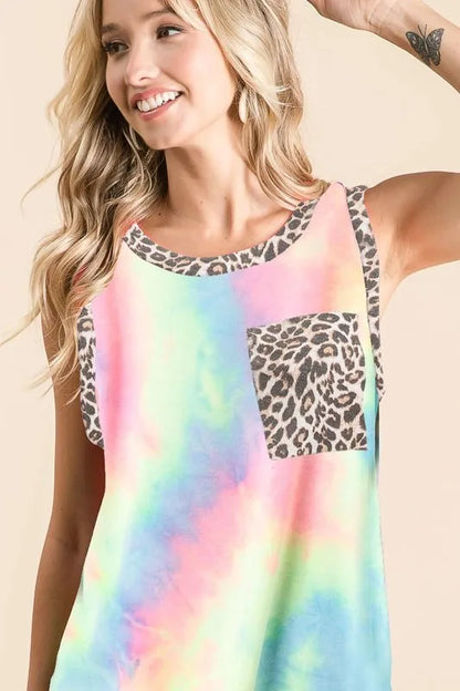 BiBi sleeveless tie-dye top by Trendsi featuring pastel colors and a leopard band for a stylish, casual look.