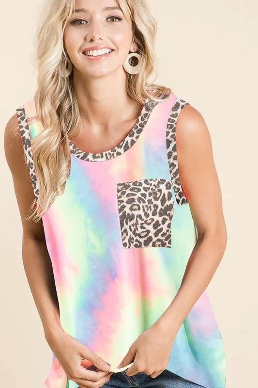 Trendsi BiBi sleeveless tie dye top with leopard band, pastel colors, casual fashion, front view, trendy summer style.
