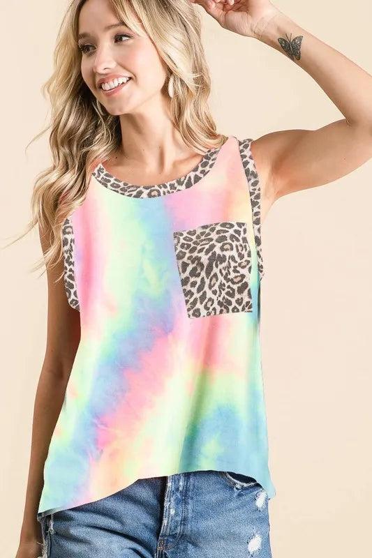 Pastel tie-dye sleeveless top by Trendsi with leopard band detail, casual and stylish for warm-weather outfits.