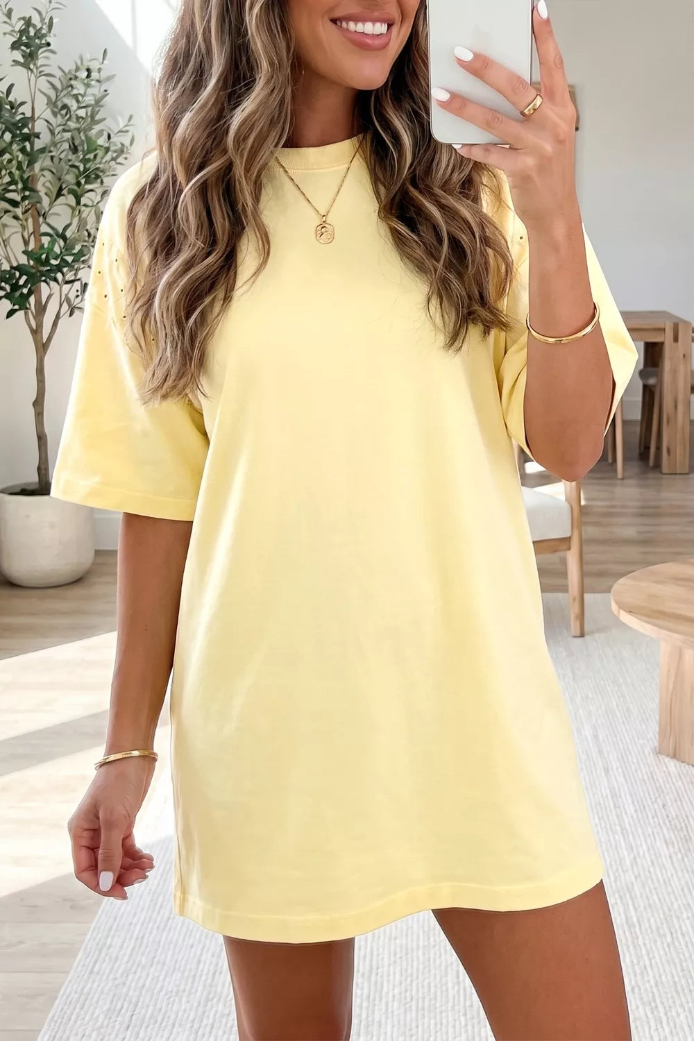 Pastel yellow round neck half-sleeve T-shirt dress by Trendsi, casual and comfortable for everyday wear.