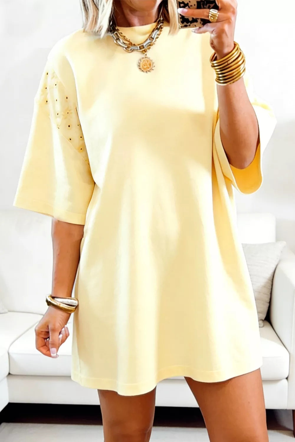 Pastel yellow round neck half sleeve T-shirt dress by Trendsi, casual and comfortable summer dress with relaxed fit.