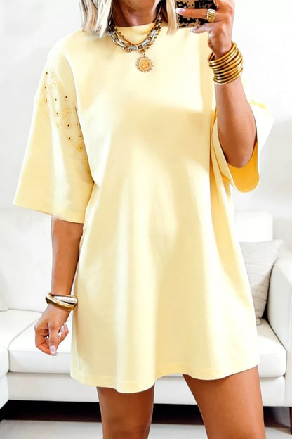 Pastel yellow round neck half sleeve T-shirt dress by Trendsi, casual and comfortable summer dress with relaxed fit.