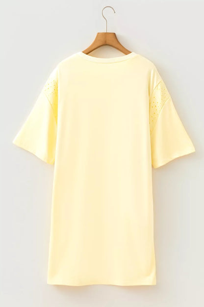 Pastel yellow round neck half sleeve T-shirt dress by Trendsi, casual and comfortable for everyday wear