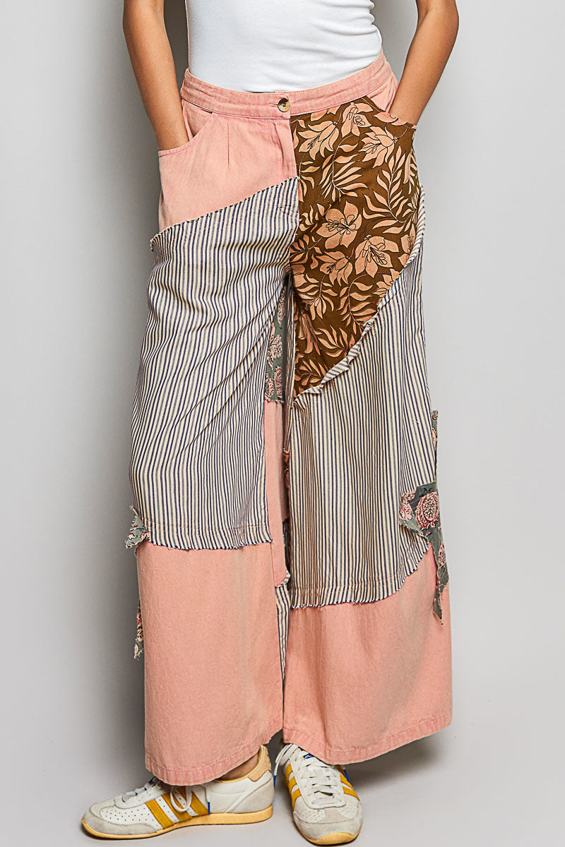 Trendsi peach multi-striped floral patchwork wide-leg pants with side big star patch and relaxed fit.