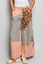 Trendsi peach multi-striped floral patchwork wide-leg pants with side big star patch and relaxed fit.