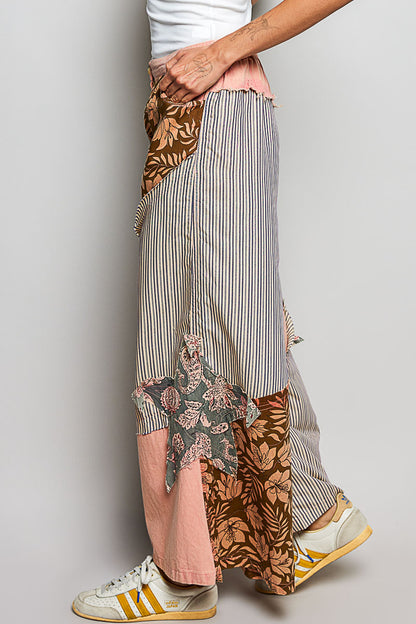 Trendsi peach multi-color striped floral patchwork wide-leg pants with side big star patch and relaxed fit.