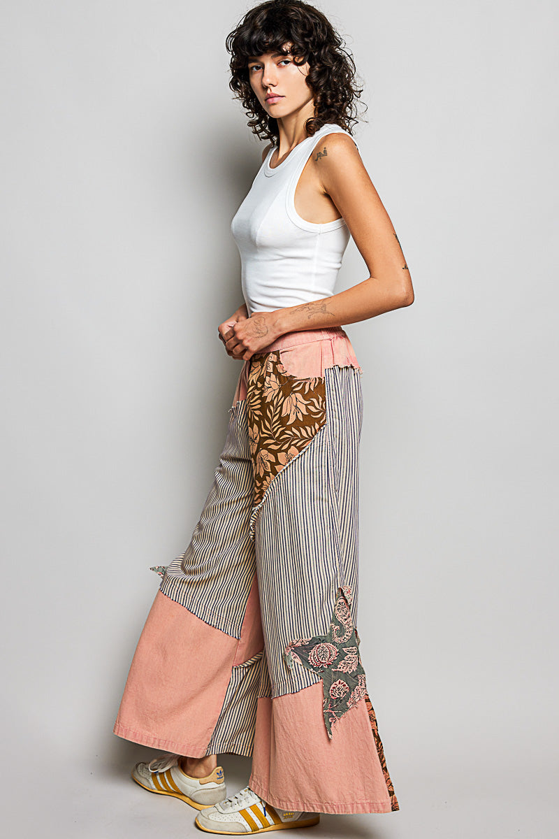 Trendsi peach multi-colored striped floral patchwork wide-leg pants with side big star patch detail