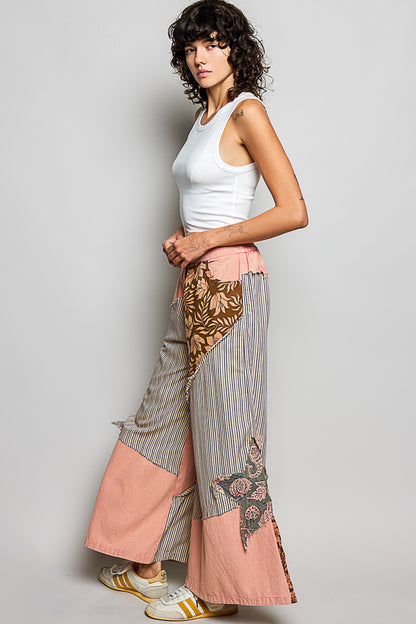 Trendsi peach multi-colored striped floral patchwork wide-leg pants with side big star patch detail