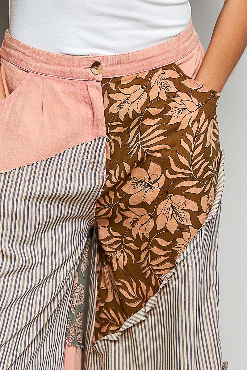 Trendsi peach multicolor striped floral patchwork wide-leg pants with side big star patch detail.