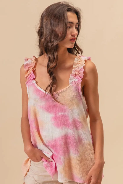 Peach pink BiBi tie-dye printed textured woven fabric with ruffled details, designed by Trendsi.