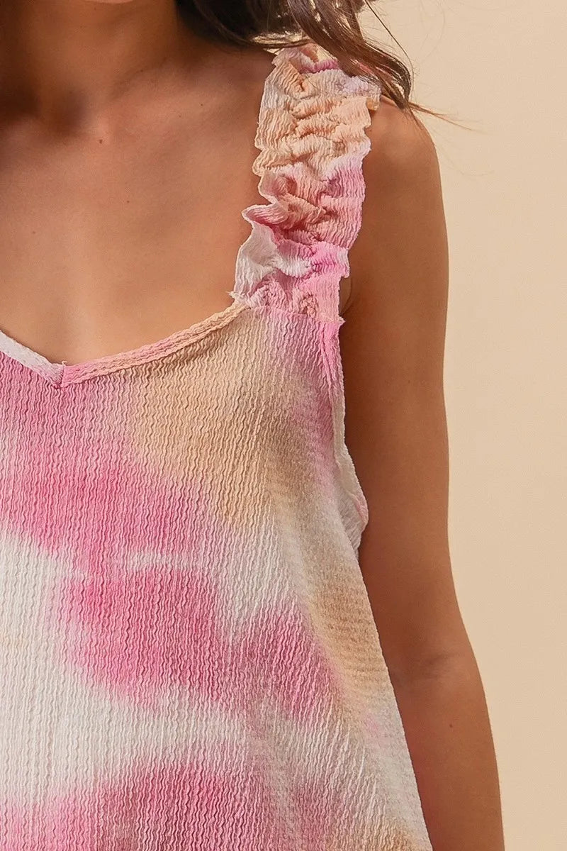 Peach pink BiBi tie-dye printed textured woven top with ruffled details, stylish and vibrant fashion piece from Trendsi.