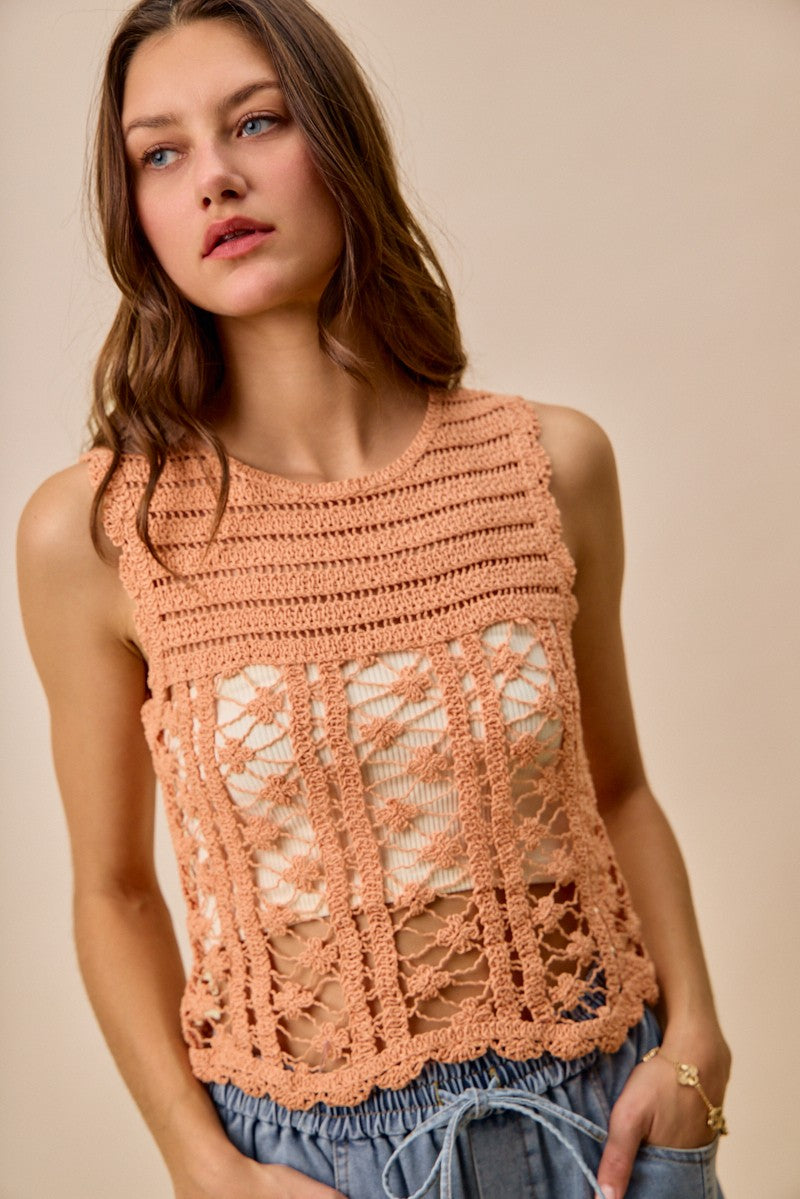 Peach Trendsi SO ME crochet knitted lace sweater tank top, sleeveless with intricate lace pattern, casual stylish summer wear.