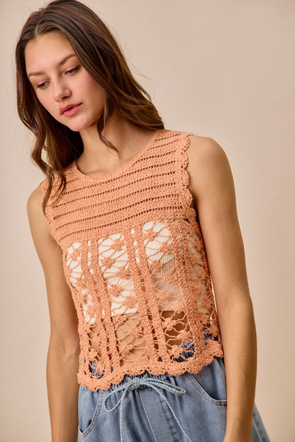 Peach crochet knitted lace sweater tank top by Trendsi, featuring intricate lace details and a comfortable fitted style.