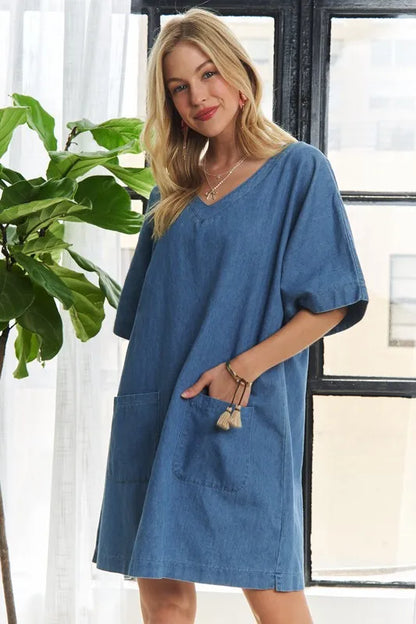 Peacock blue ADORA V-neck half sleeve mini denim dress by Trendsi, featuring a casual fit and stylish V-neck design.