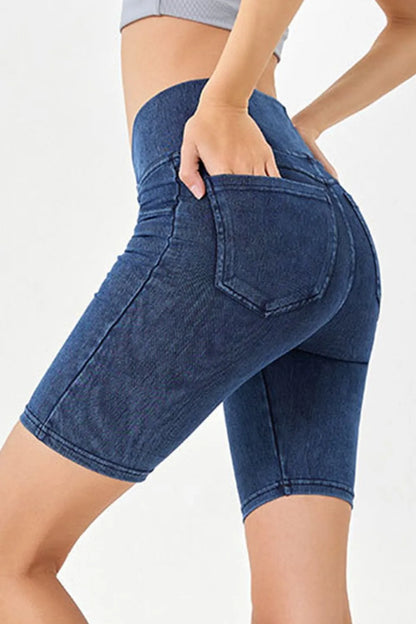 Peacock blue Basic Bae asymmetrical waist denim shorts with pockets from Trendsi, stylish casual summer shorts.