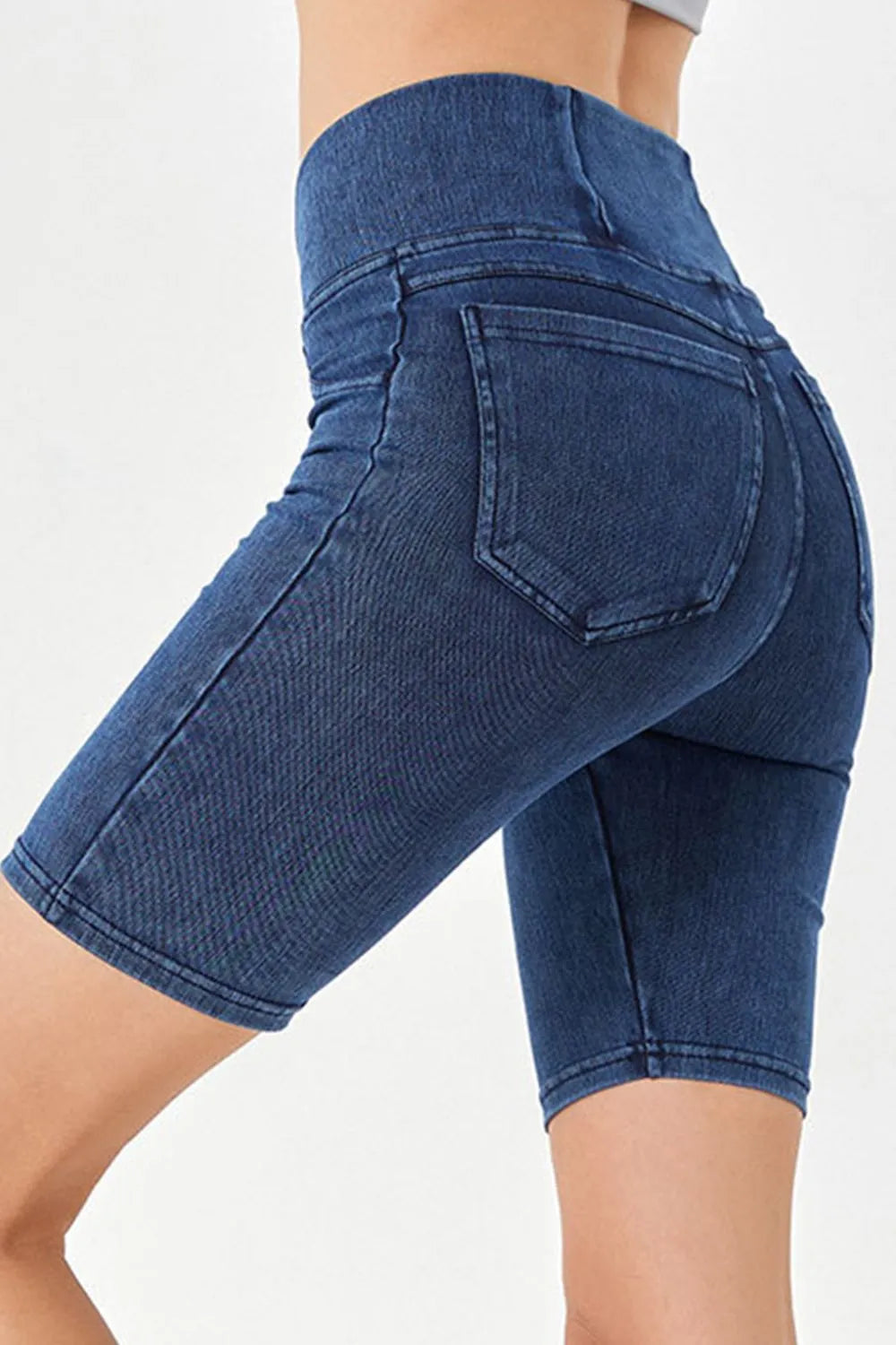 Peacock blue Basic Bae asymmetrical waist denim shorts with pockets, trendy casual summer shorts from Trendsi.