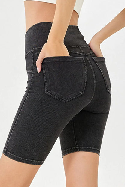 Peacock blue basic Bae asymmetrical waist denim shorts with front and back pockets, stylish women's casual shorts by Trendsi.