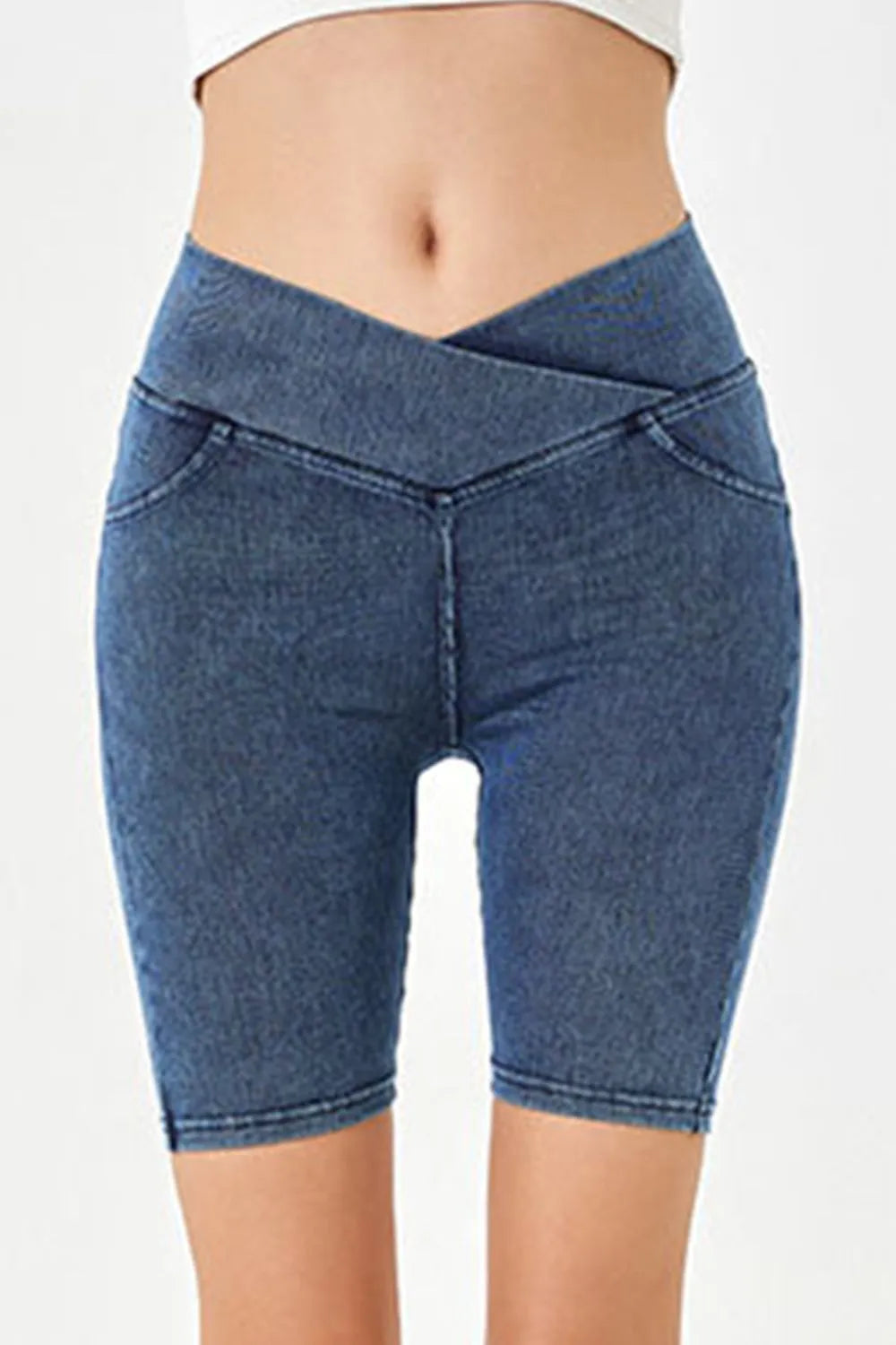 Peacock blue Basic Bae asymmetrical waist denim shorts with pockets, casual trendy jeans from Trendsi.