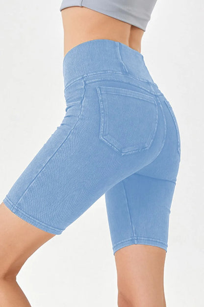 Peacock blue basic Bae asymmetrical waist denim shorts with pockets, trendy casual denim shorts by Trendsi.