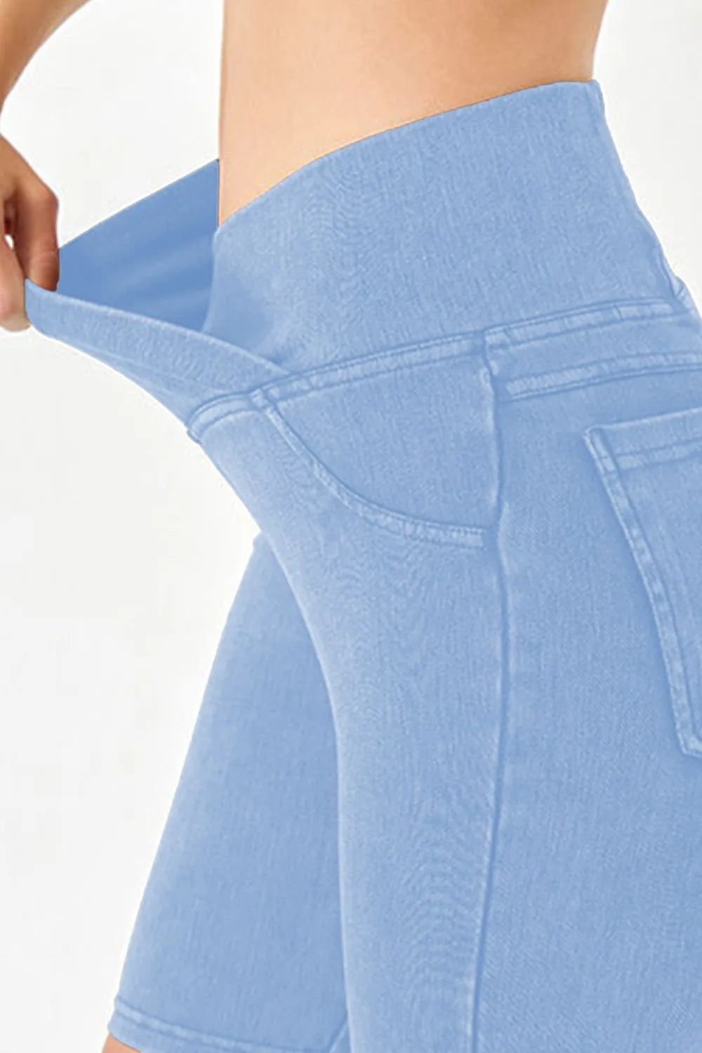 Peacock blue Basic Bae asymmetrical waist denim shorts with pockets, stylish casual shorts by Trendsi.