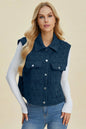 Peacock blue Trendsi Double Take full-size pocketed texture snap-down vest coat displayed on a model.