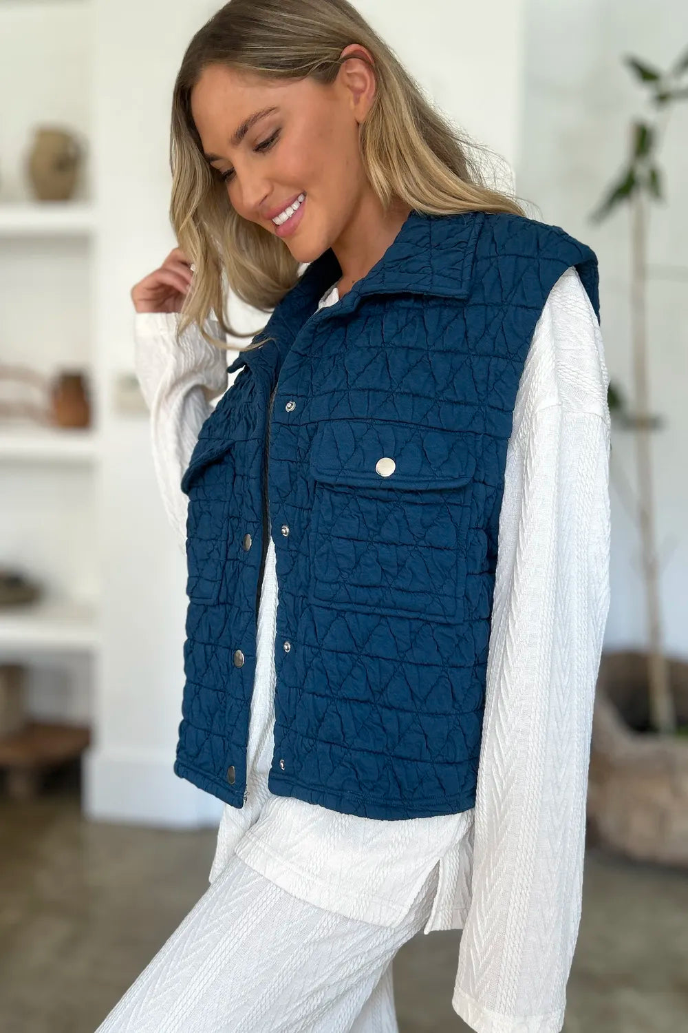 Peacock blue Trendsi Double Take full-size pocketed textured snap-down vest coat, front view showing collar and pockets