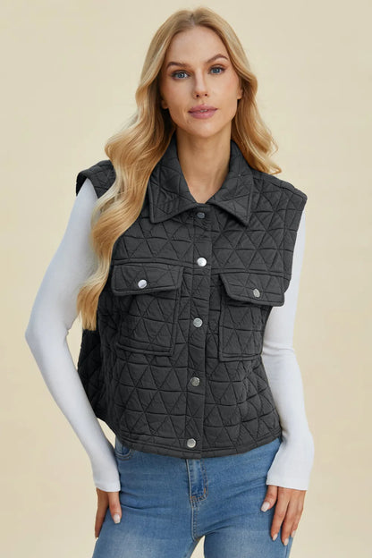 Peacock blue Trendsi Double Take full-size pocketed texture snap-down vest coat displayed on a model.