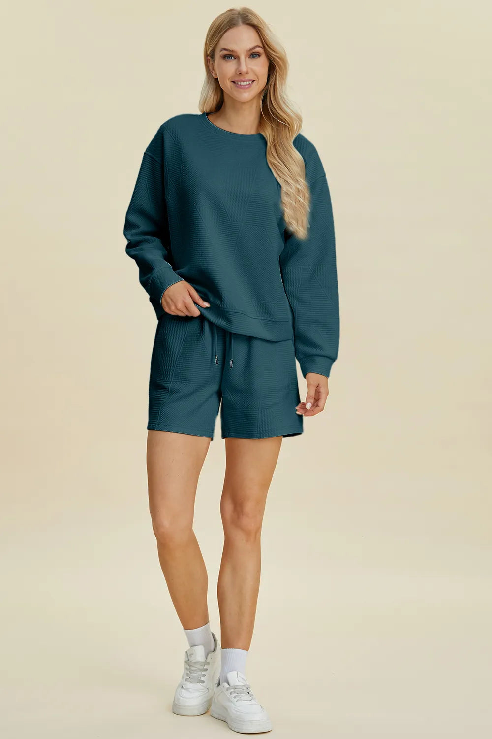 Peacock blue Trendsi Double Take texture round neck long sleeve top and matching shorts set, full size, casual loungewear.