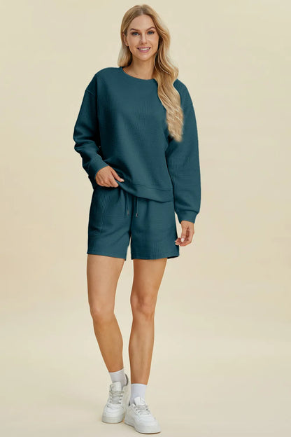 Peacock blue Trendsi Double Take texture round neck long sleeve top and matching shorts set, full size, casual loungewear.